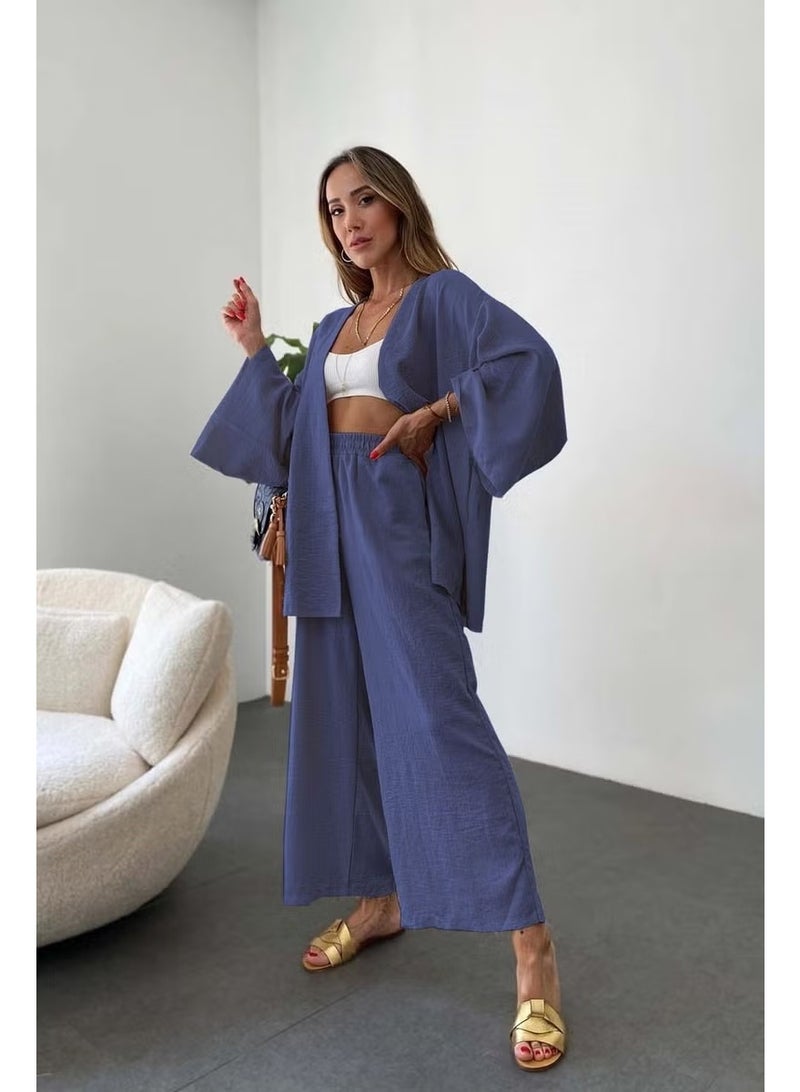 Linen Women's Casual Kimono Two Piece Set LN29NAVY